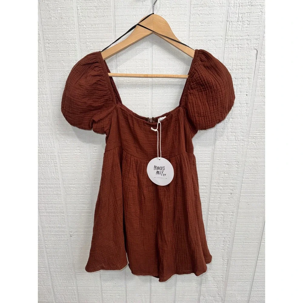 Princess Polly Lorna Romper Women Brown Puff Sleeve Cotton Gauze US 2 NEW